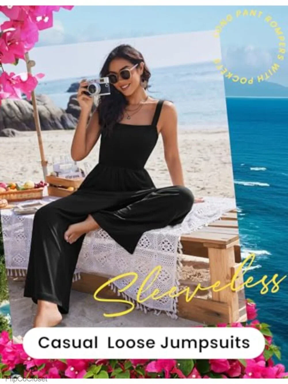 Sleeveless Boho Wide Leg Jumpsuit Smocked Romper with Pockets